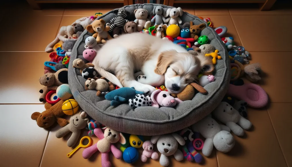 cachorro durmiendo en su cama con juguetes